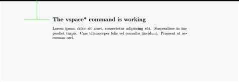 Vspace latex - Very rarely, for example when creating a title page, you might need to add explicit horizontal or vertical space. We can use \hspace and \vspace for that. \documentclass{article} \usepackage[T1]{fontenc} \begin{document} Some text \hspace{1cm} more text. \vspace{10cm} Even more text. \end{document} Explicit text formatting 